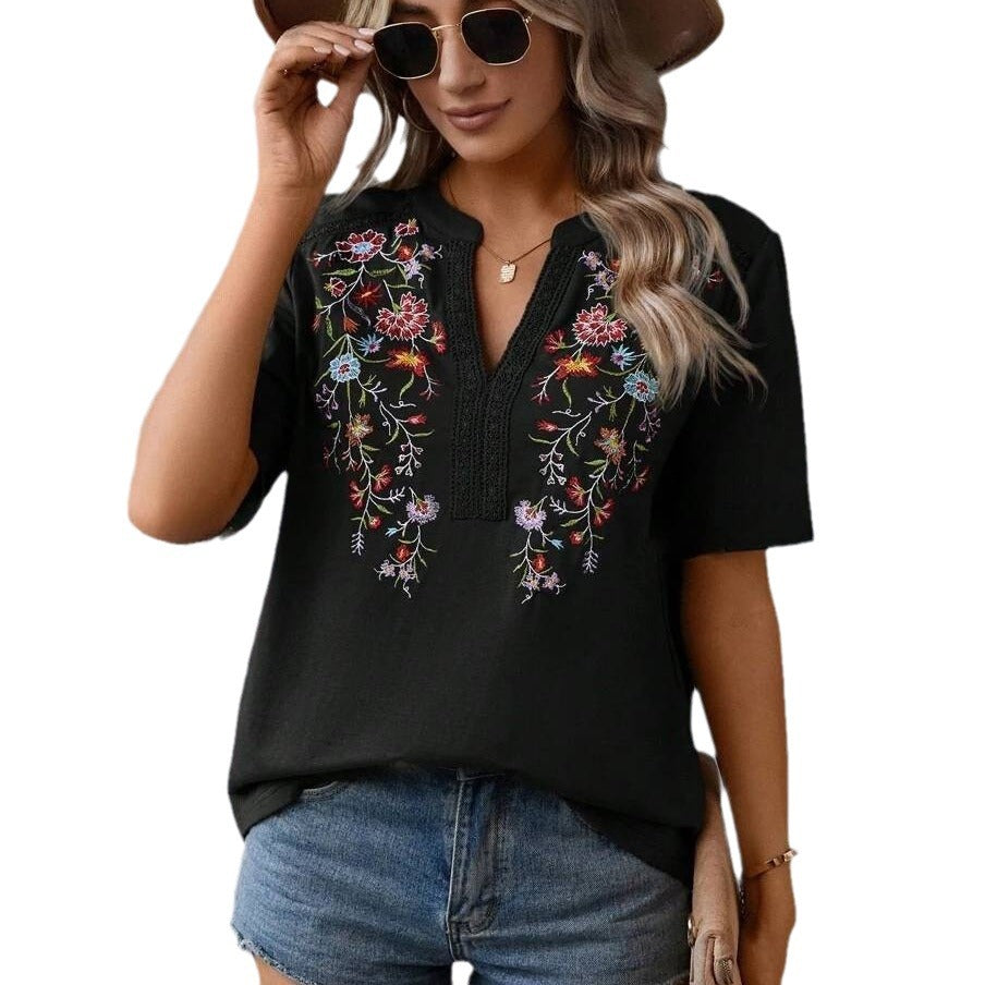 Summer Fashion Embroidered Lace Trim Top – Elegant Floral Detailing