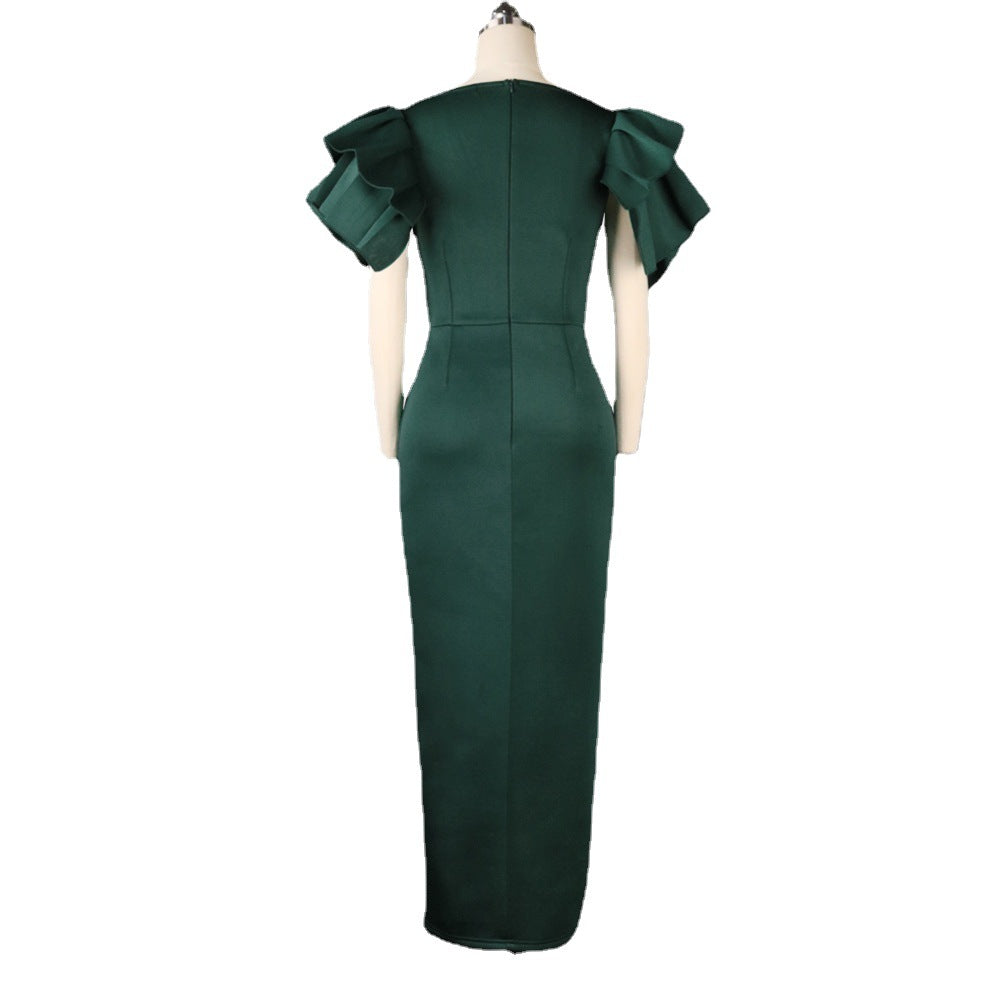 Sexy Ruffled Short Sleeves Women Green Evening Party Dresses-Dresses-Free Shipping at meselling99