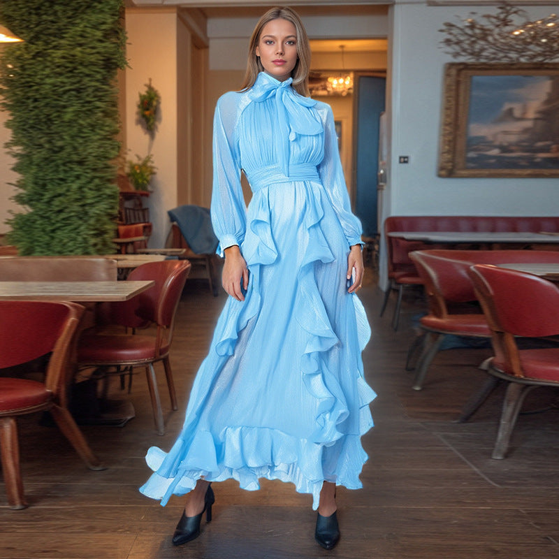 Designed Elegant Fashionable Lantern Sleeve & Ruffled Hem Solid Color Summer Dress for Women