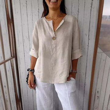 Women's Summer Loose-Fit V-Neck Cotton Linen Button-Up T-Shirt