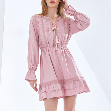 Retro V-Neck Tie-Waist Flare Sleeve Short Dress