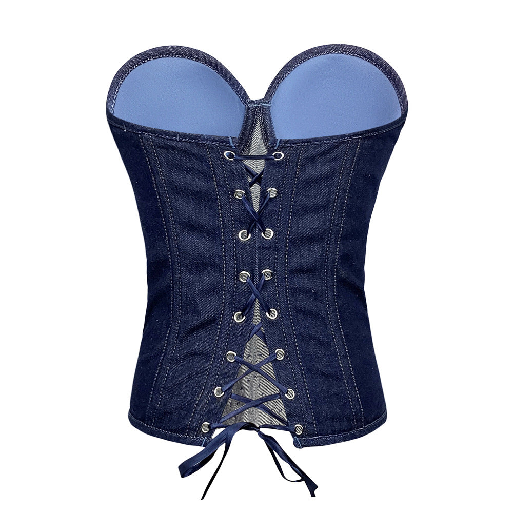 Vintage Diamond Studded Denim Corset Top
