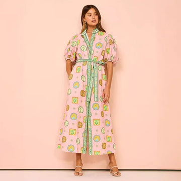 Stylish Linen Dress with Graffiti Print and Lantern Sleeves