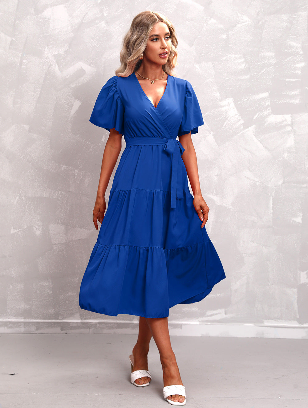 Women's Summer Solid Color V-Neck Short Sleeve Dress