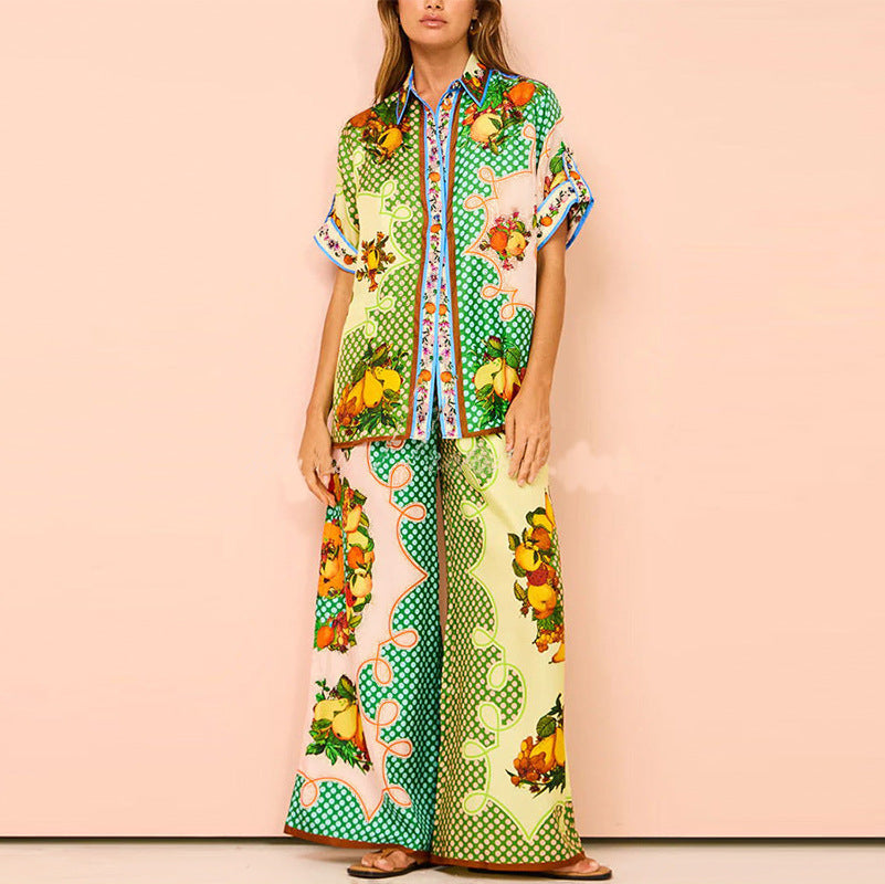 Printed Stand Collar Batwing Sleeve Loose Top with High-Waisted Wide-Leg Pant