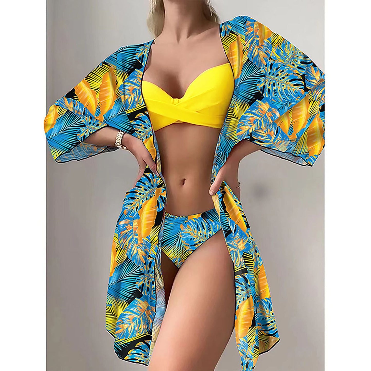 Women's 3-Piece Mesh Long Sleeve Cover-Up – Beach Bikini Set