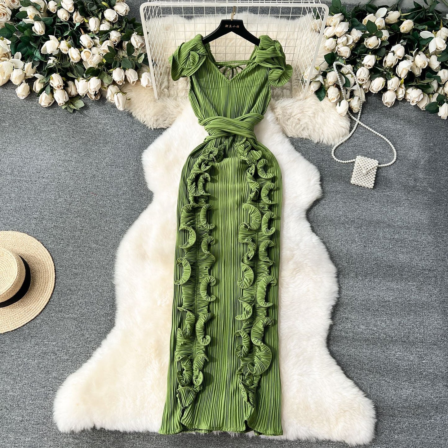 High-End Pleated Dress – Luxury Women's Designer Ruffle Hem Slim Fit Long Maxi Dress