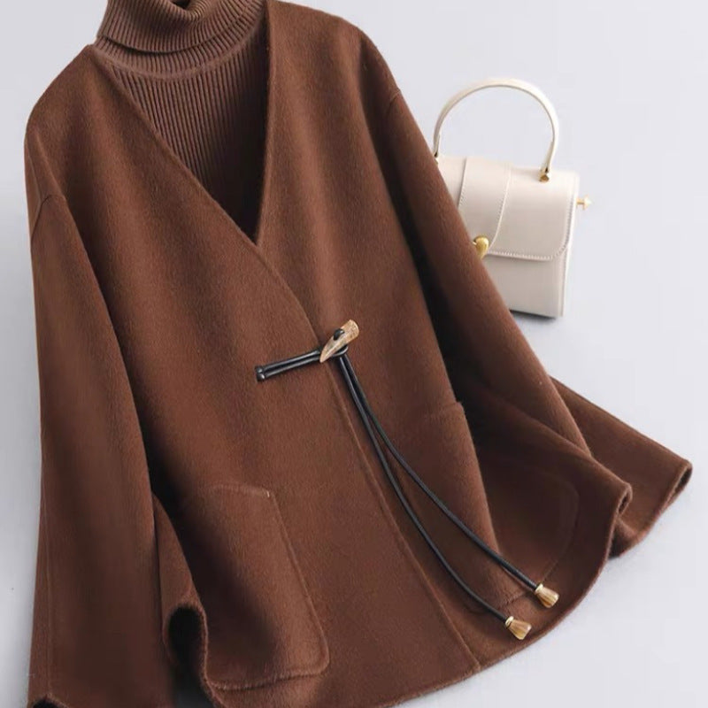 Women's Double-Faced Wool Coat – Short V-Neck Winter Jacket, Premium Fall & Winter Outerwear