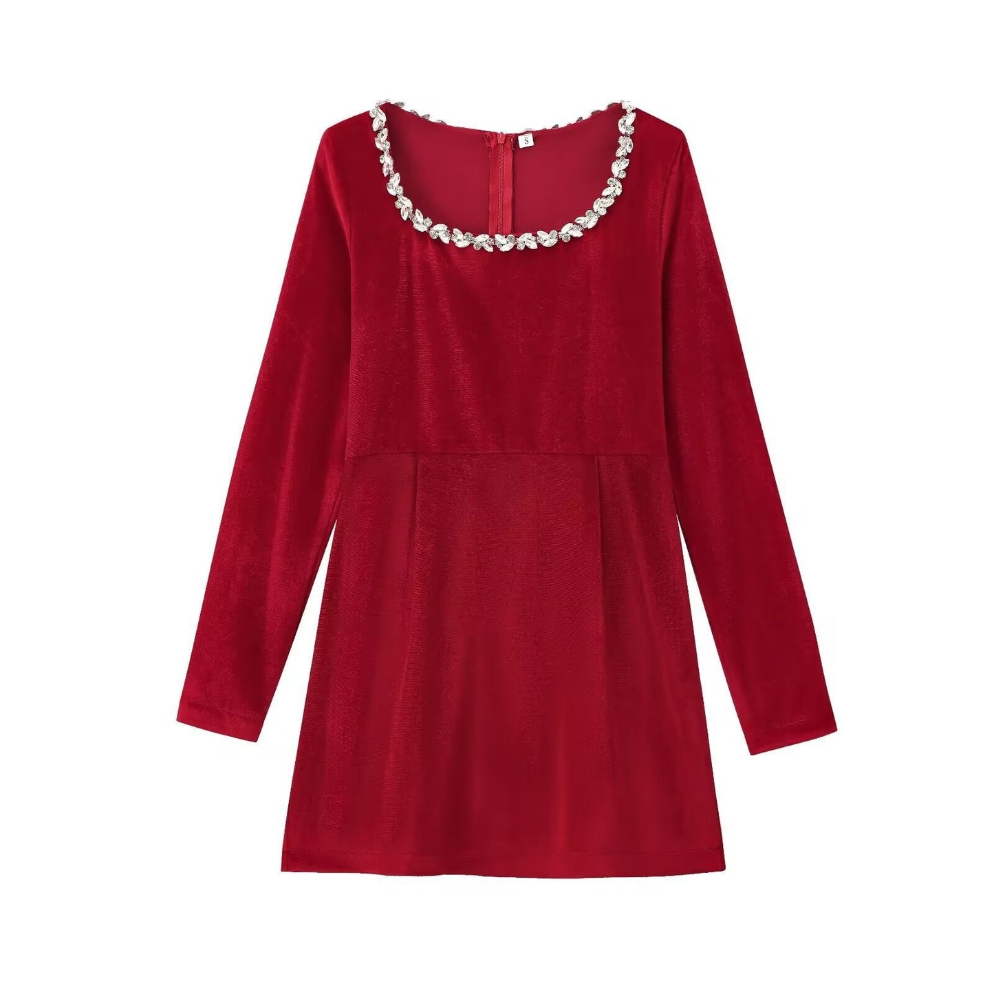 Elegant Velvet Fitted Diamond-Embellished Long-Sleeve Short Hemline Dress