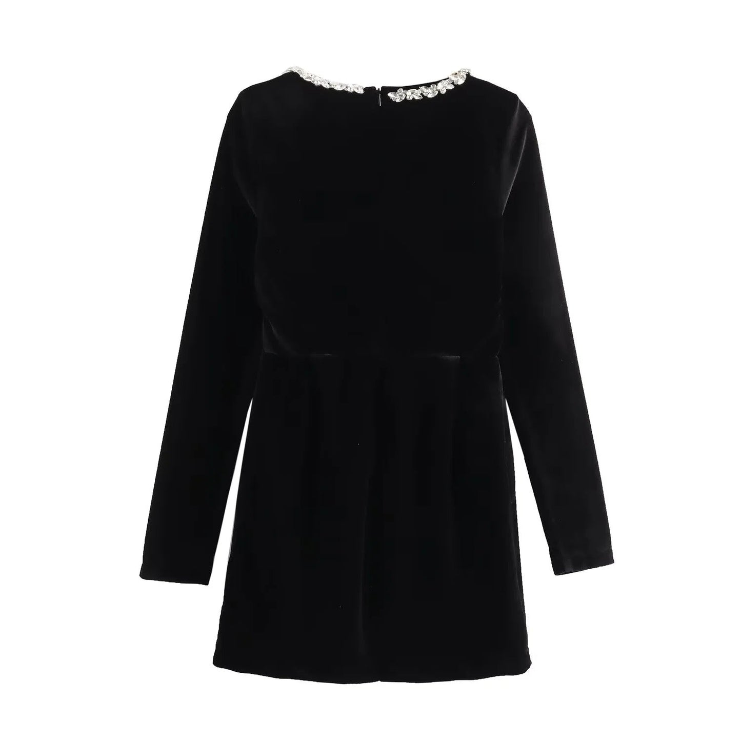 Elegant Velvet Fitted Diamond-Embellished Long-Sleeve Short Hemline Dress