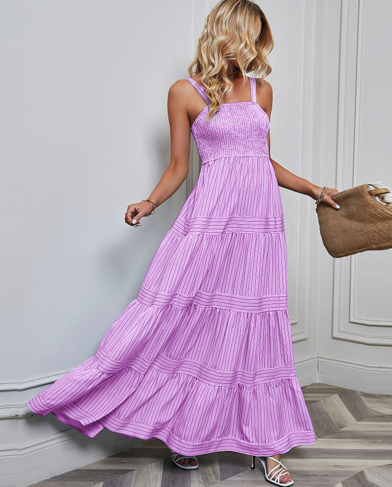 Women's Striped Vacation Dress with Sleeveless Design