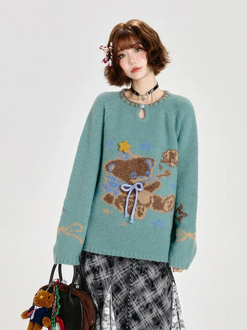 Girlyhalo Cozy Retro Bear Knit Sweater Women