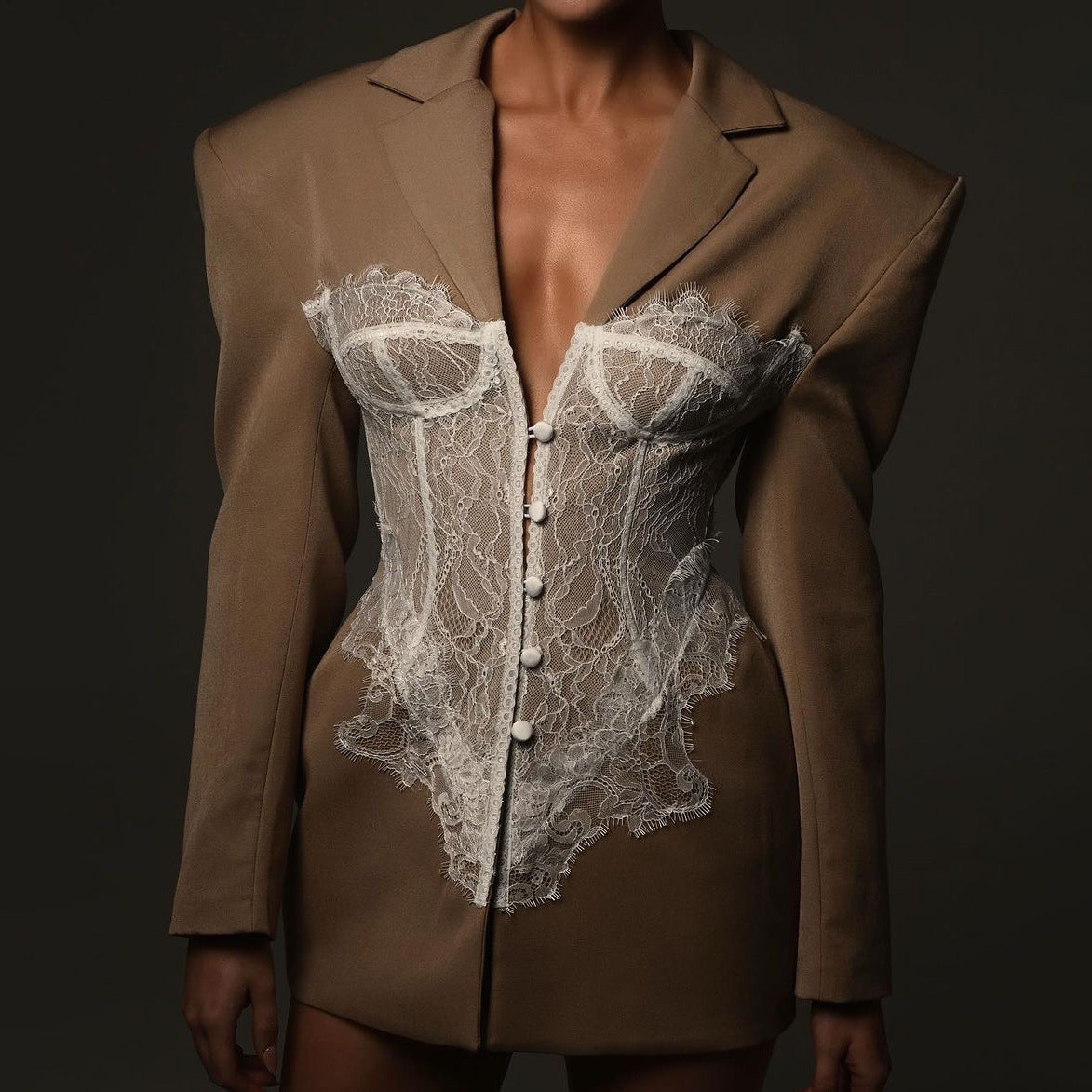Designed Lace Panel Slim-Fit Blazer for Women – Sexy & Stylish Tailored Waist Jacket