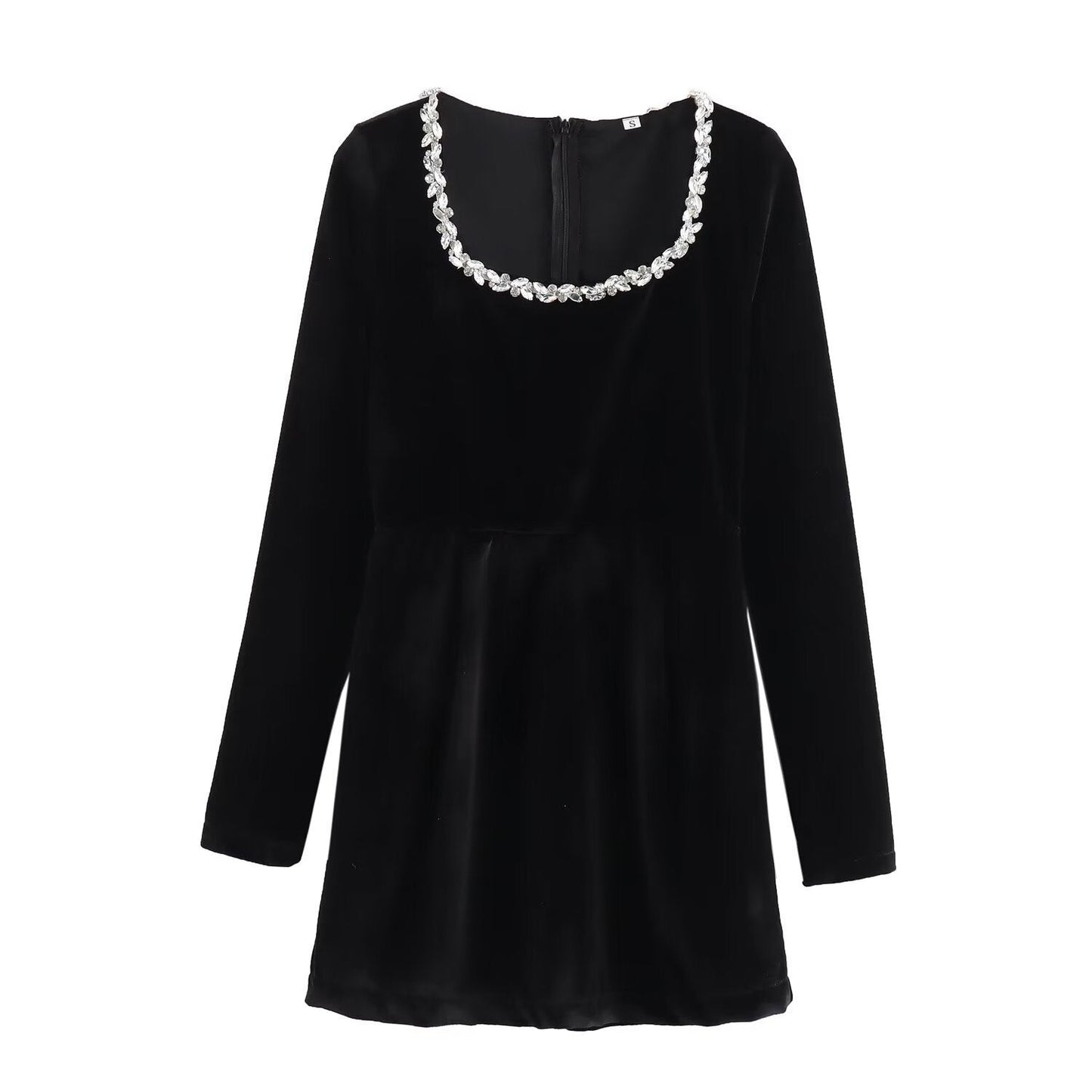 Elegant Velvet Fitted Diamond-Embellished Long-Sleeve Short Hemline Dress