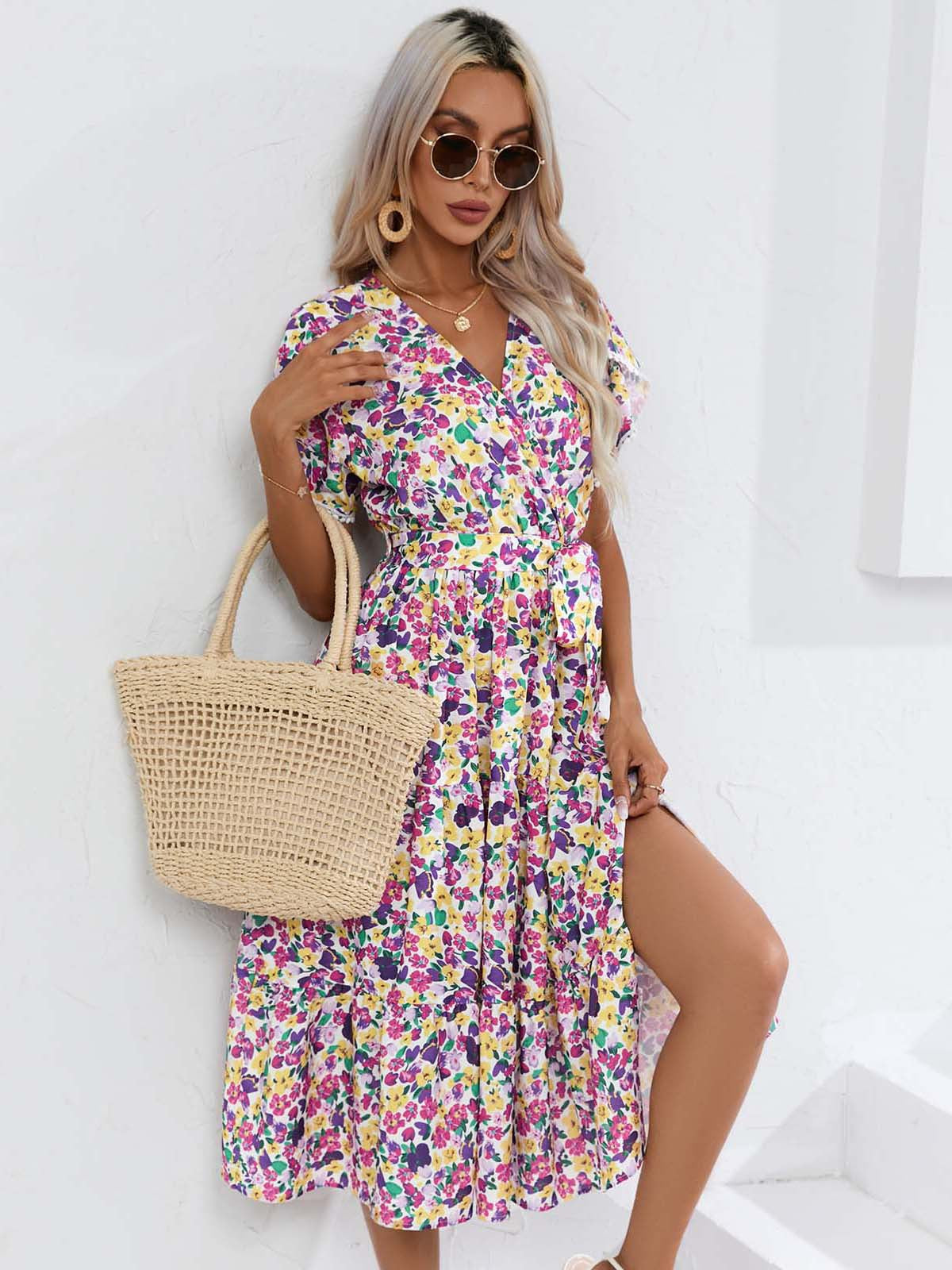 Women's Summer Floral V-Neck Split Hem Top