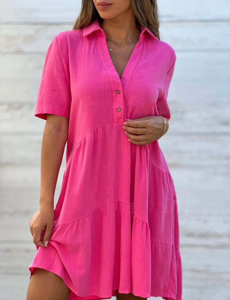 Women's Loose Fit Solid Color Lapel Casual Short Sleeve Linen Blend Dress