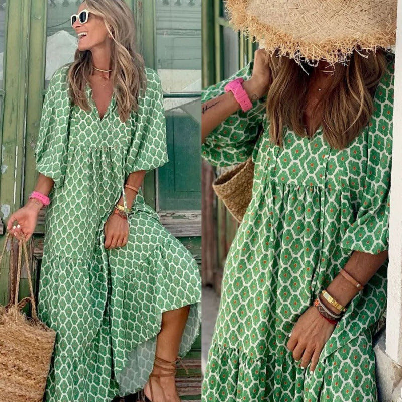 Plus Size Boho Print Dress with Puff Sleeves