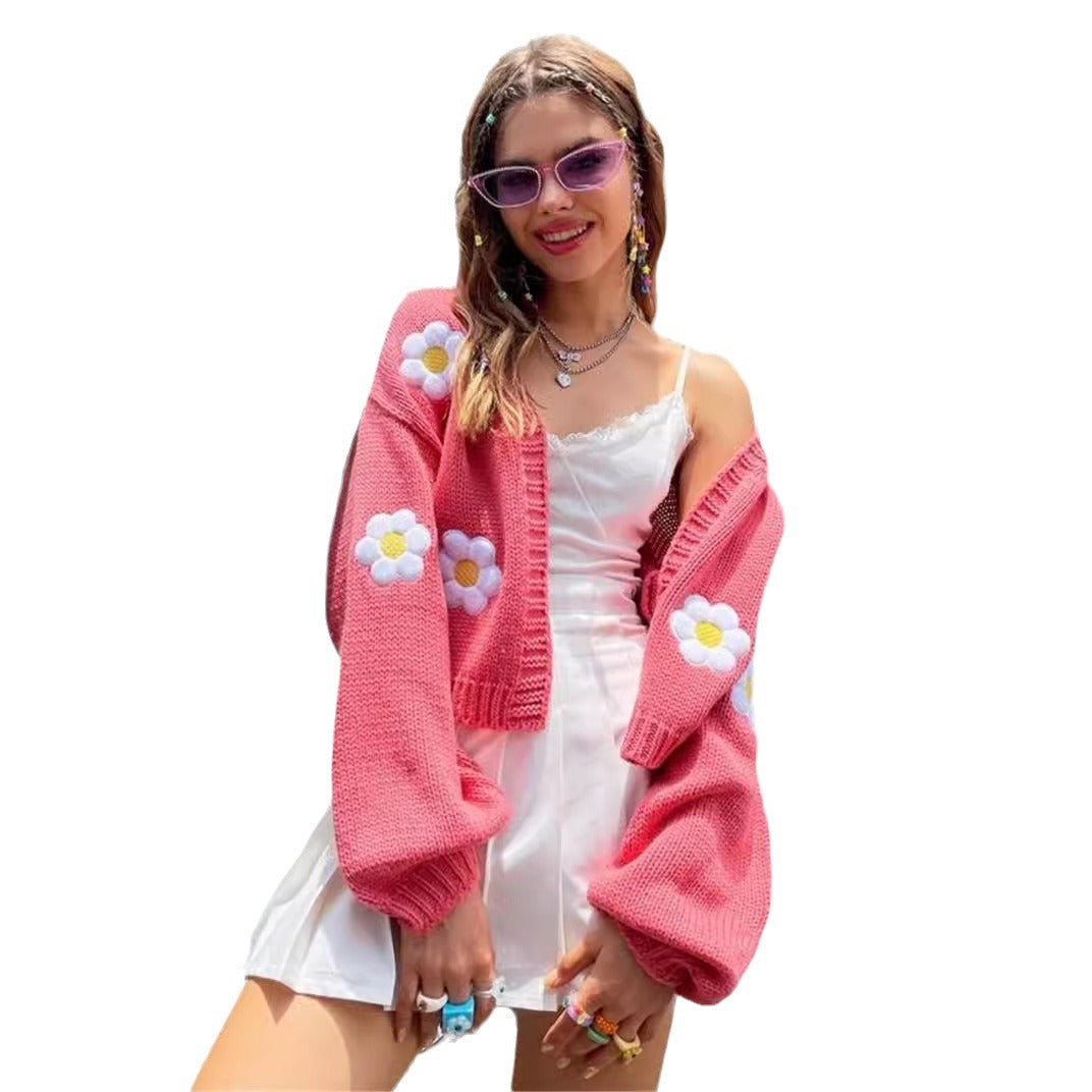 Sweety Floral Print Knitted Cardigan Sweaters