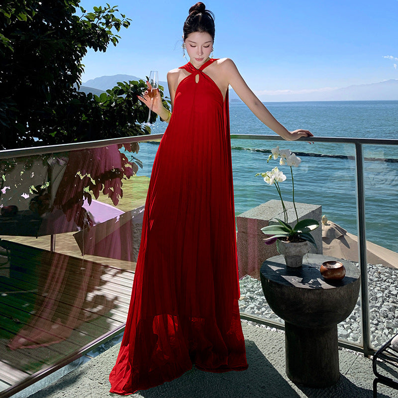 Elegant Neck-Tie Flowy Ruffle Dress – Maxi Pleated Skirt, Resort Vacation & Beach Cover-Up