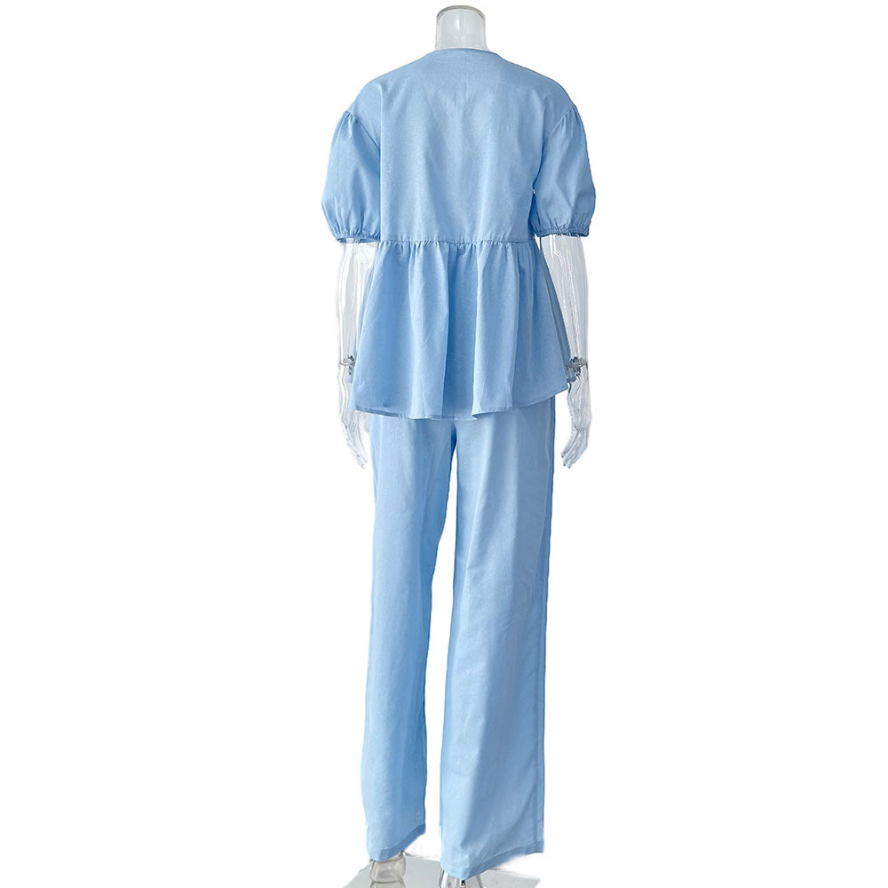Sweet Solid Color Cotton Set - V-Neck Top & Bubble Sleeve Shorts 2-Piece Outfit