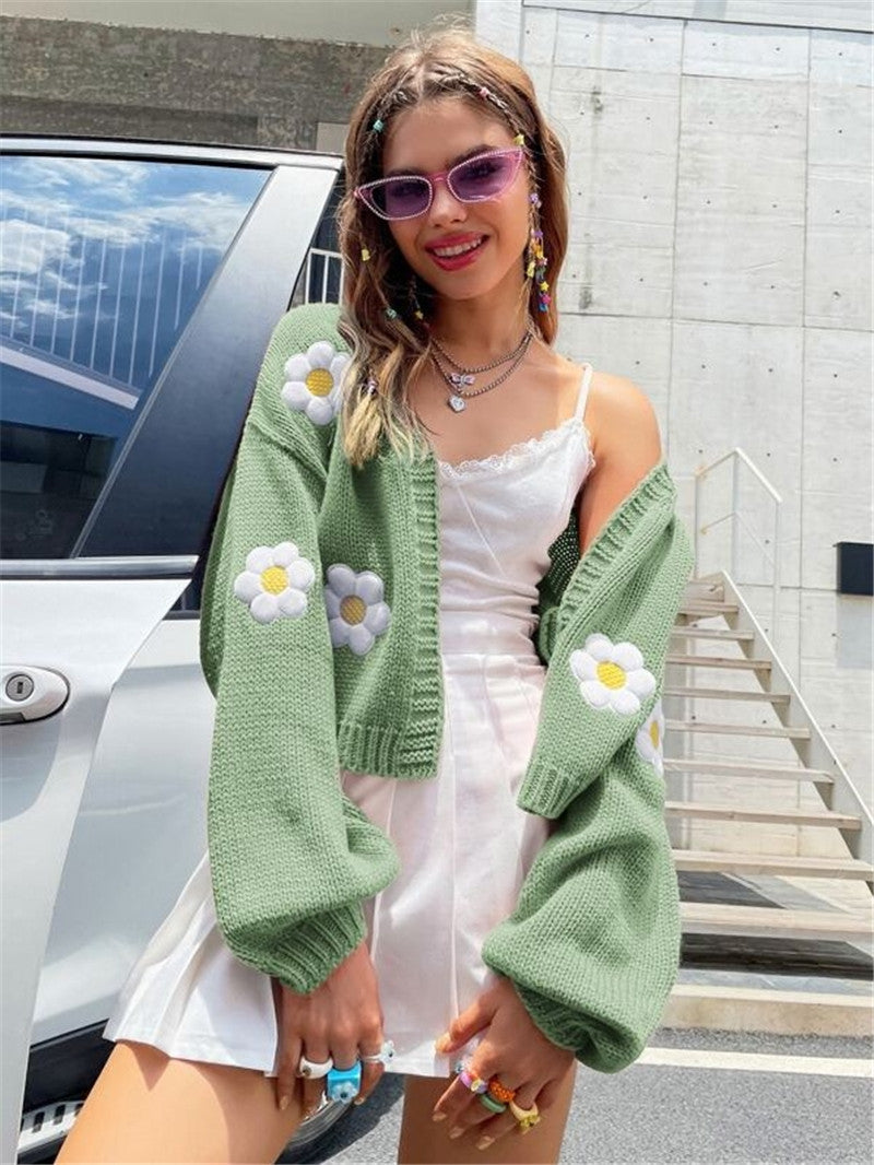 Sweety Floral Print Knitted Cardigan Sweaters