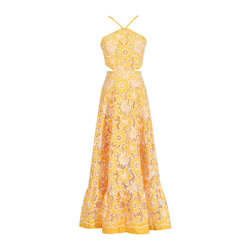 Designed Women's Sexy Vacation Print Dress - Halter Neck, Cutout Waist, Strappy Sundress