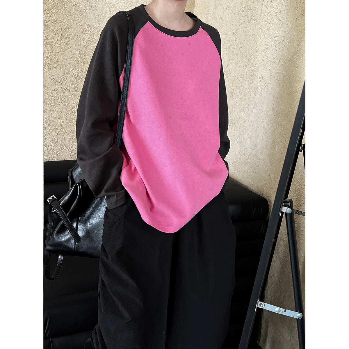Retro Color-Block Long Sleeve T-Shirt – Oversized Graphic Sweatshirt for Women
