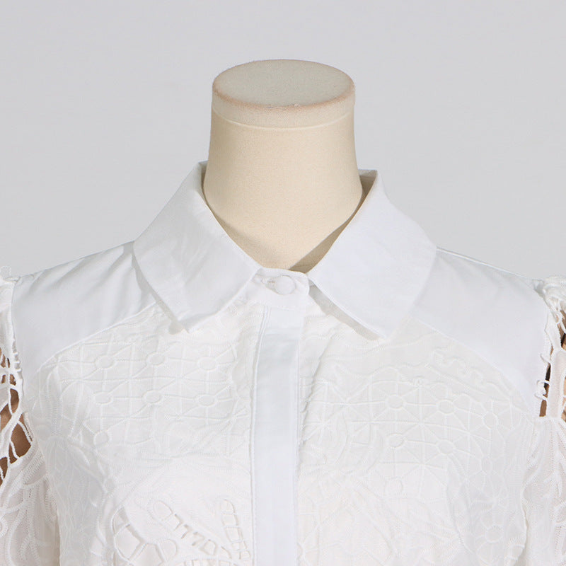 Vintage Collar Long Lantern Sleeve Mid-Length Embroidery Lace Solid Color Dress