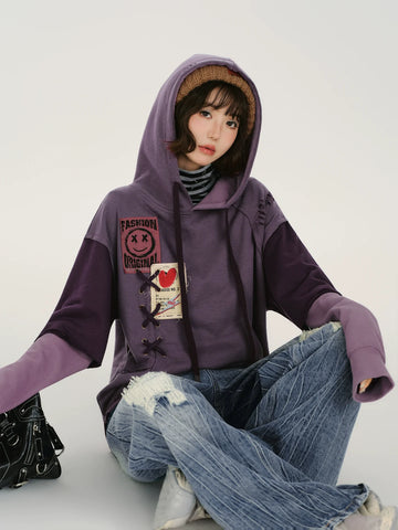 Retro Distressed Design Fake Two-Piece Hooded Sweatshirt