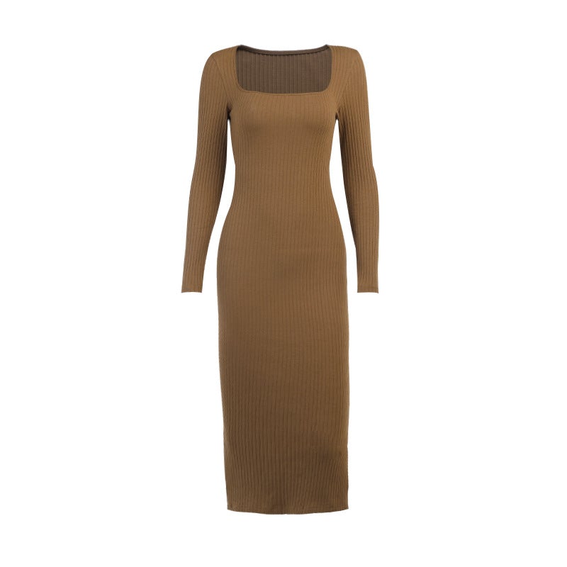 Sexy Square Neckline Long Sleeves Knitted Long Dresses-Dresses-Free Shipping at meselling99