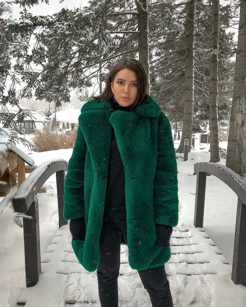 Luxury Faux Fur Coat – Winter Warm Thick Plush Oversized Jacket with Lapel Collar