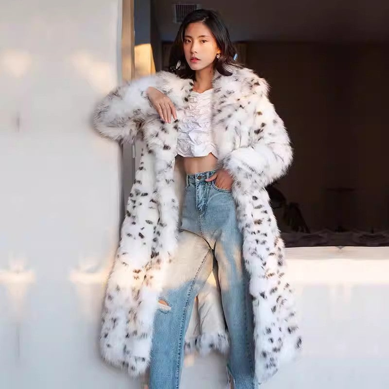 Women's Long Leopard Print Fur Coat