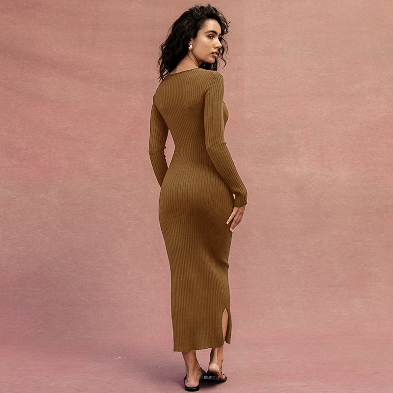 Sexy Square Neckline Long Sleeves Knitted Long Dresses-Dresses-Free Shipping at meselling99