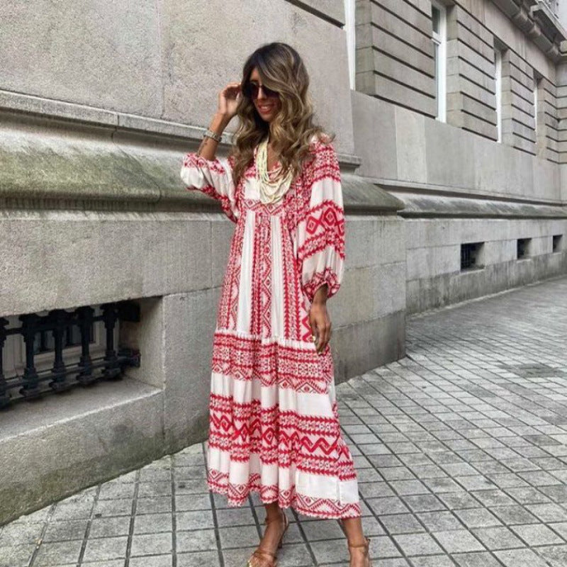 Plus Size Boho Print Dress with Puff Sleeves