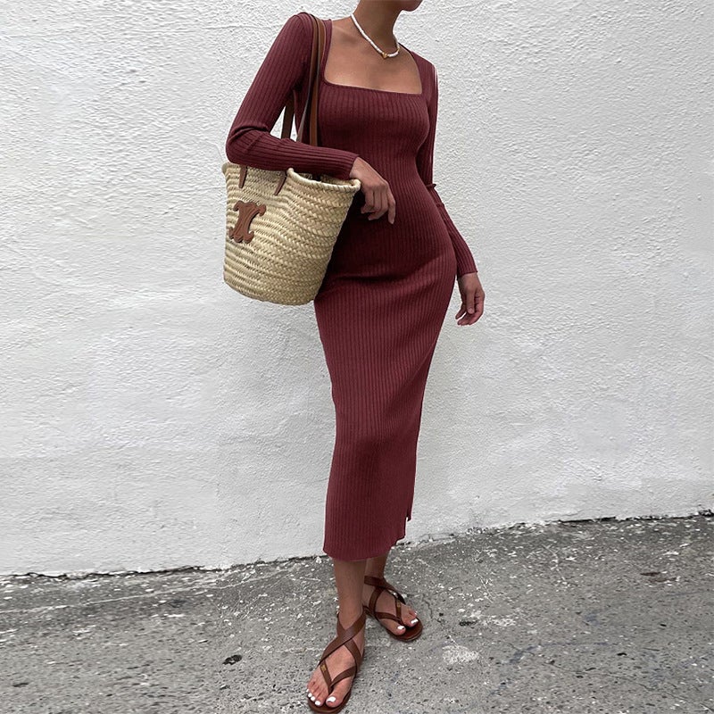 Sexy Square Neckline Long Sleeves Knitted Long Dresses-Dresses-Free Shipping at meselling99