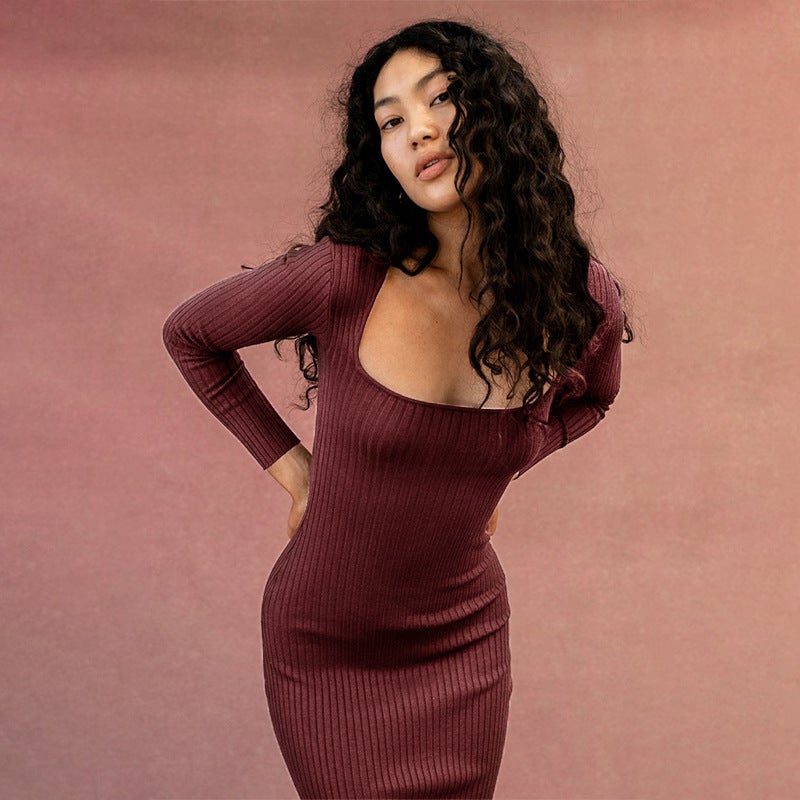 Sexy Square Neckline Long Sleeves Knitted Long Dresses-Dresses-Free Shipping at meselling99
