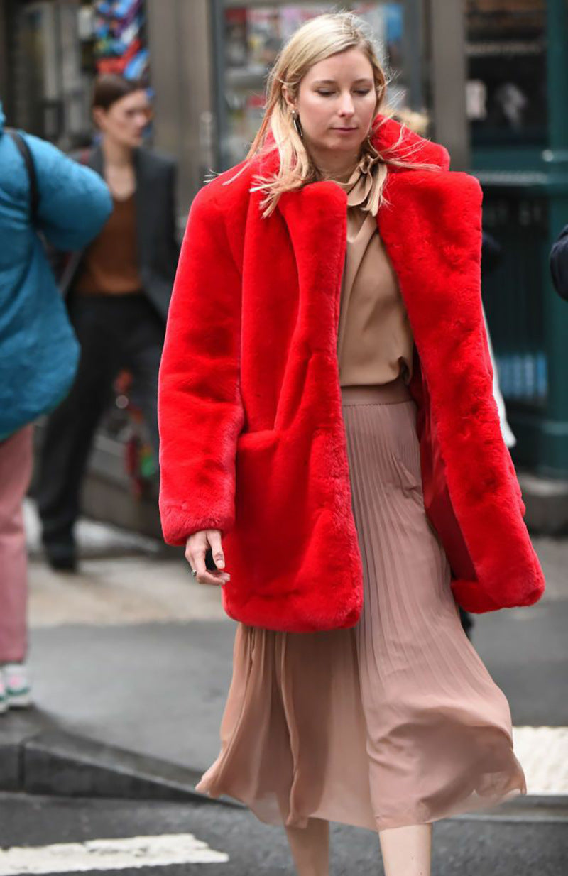 Luxury Faux Fur Coat – Winter Warm Thick Plush Oversized Jacket with Lapel Collar