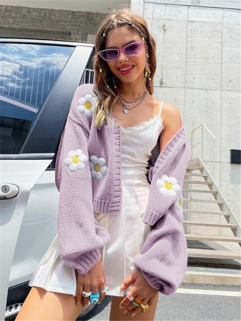 Sweety Floral Print Knitted Cardigan Sweaters