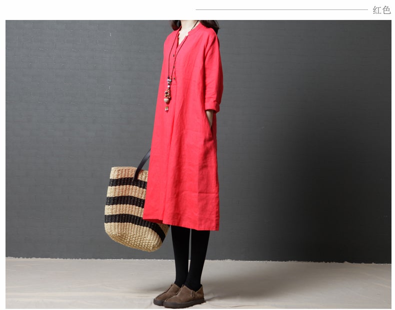 Vintage Linen Women V Neck Long Shirt Dresses-Dresses-Free Shipping at meselling99