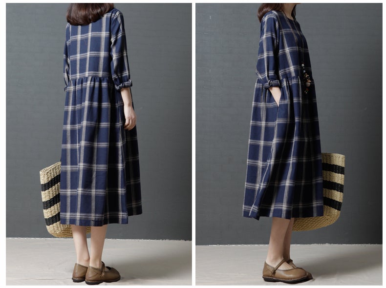 Vintage Linen Plaid Women Plus Sizes Long Dresses-Dresses-Free Shipping at meselling99