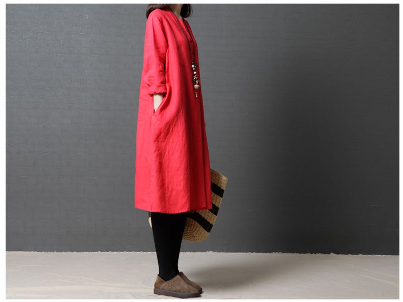 Vintage Linen Women V Neck Long Shirt Dresses-Dresses-Free Shipping at meselling99