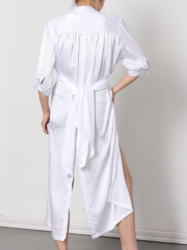 Meselling99 Soft White Lapel Split-Side Long Dress-Maxi Dress-WHITE-FREE SIZE-Free Shipping at meselling99