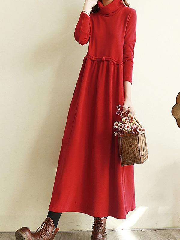 Meselling99 Vintage Solid Color Split-Joint Loose High-Neck Midi Dress-Midi Dress-Free Shipping at meselling99
