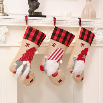 Linen Rudolph Plaid Sock Gift Bag Christmas Decoration
