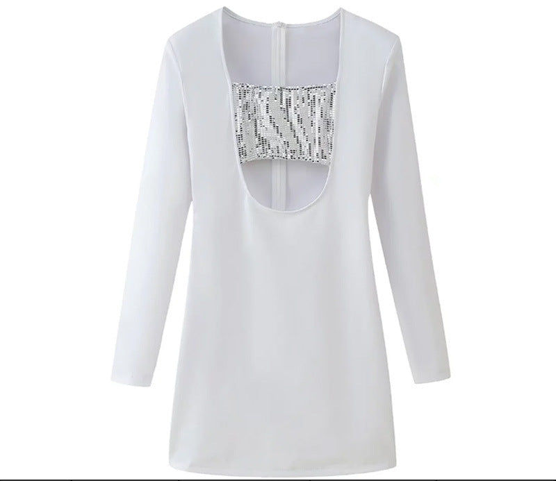Elegant Velvet Fitted Diamond-Embellished Long-Sleeve Short Hemline Dress