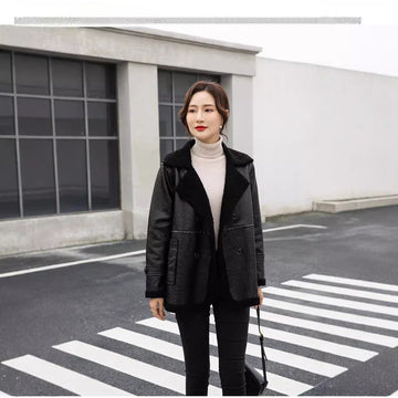 Women's Winter Faux Fur-Trimmed Plus Sizes Leather Jacket