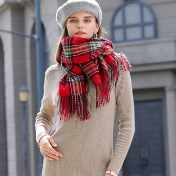 Retro Plaid Contrast Color Tassel Imitation Cashmere Shawl Scarf