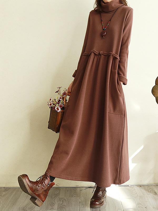 Meselling99 Vintage Solid Color Split-Joint Loose High-Neck Midi Dress-Midi Dress-Free Shipping at meselling99