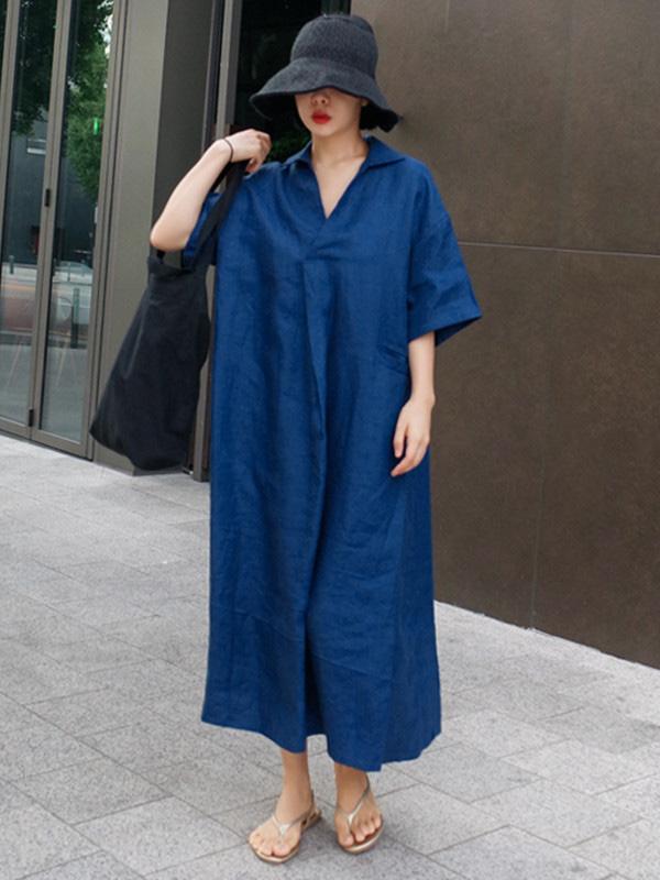 Casual Cozy V-Neck Cotton Split-Side Short Sleeves Long Dress-Maxi Dresses-Free Shipping at meselling99