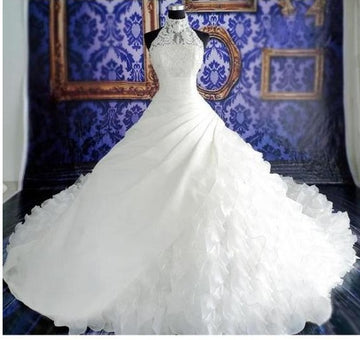 luxury high neck long trail wedding dresses